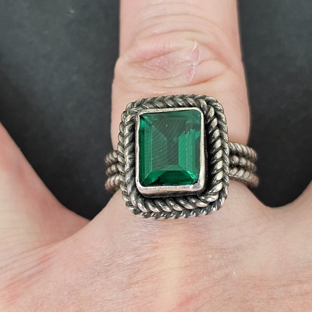 Vtg Sterling Silver Green Quartz Ring Size 7 Square Textured Rope Band Chunky - Picture 15 of 16